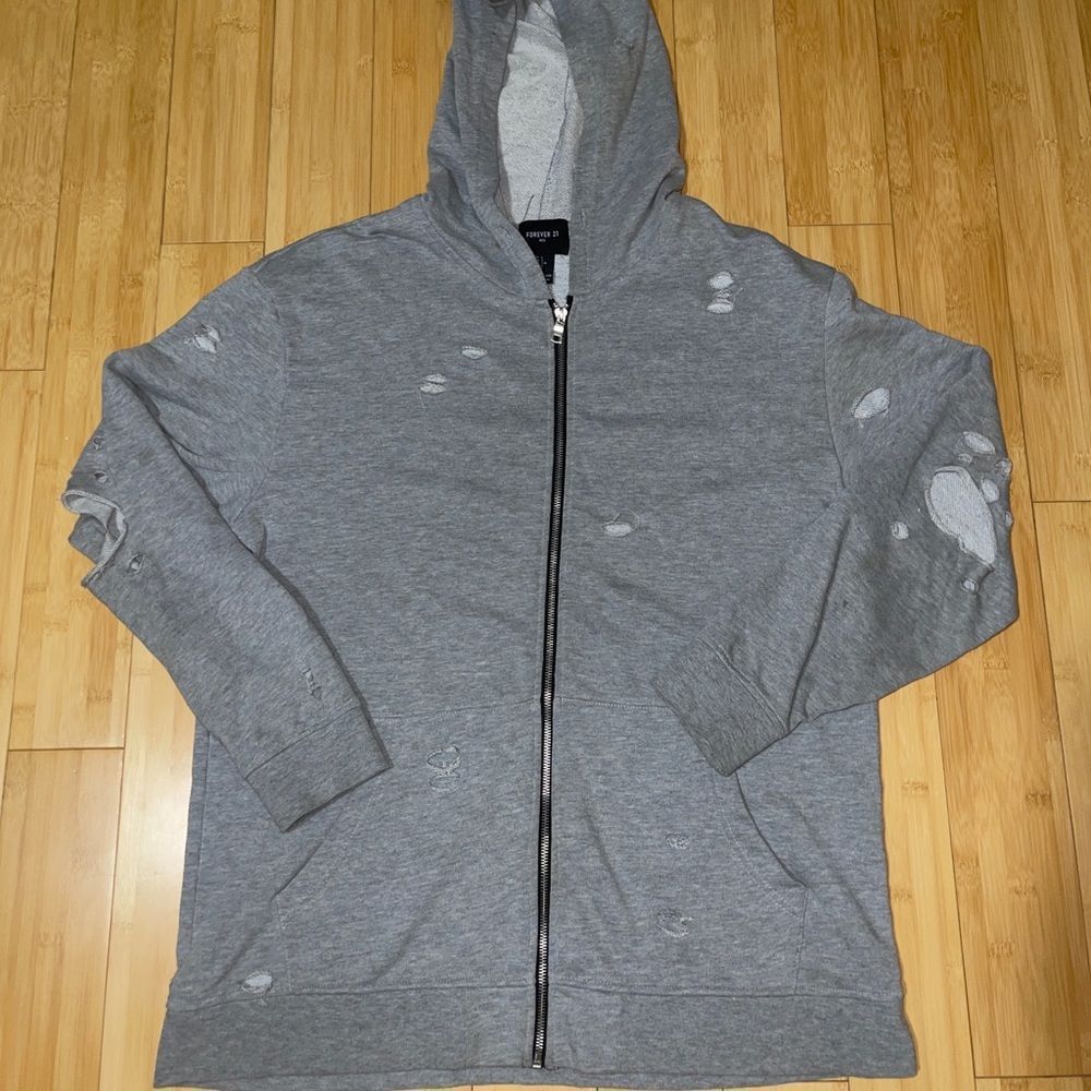Forever 21 Mens Grey Distressed Zip Up Hoodie